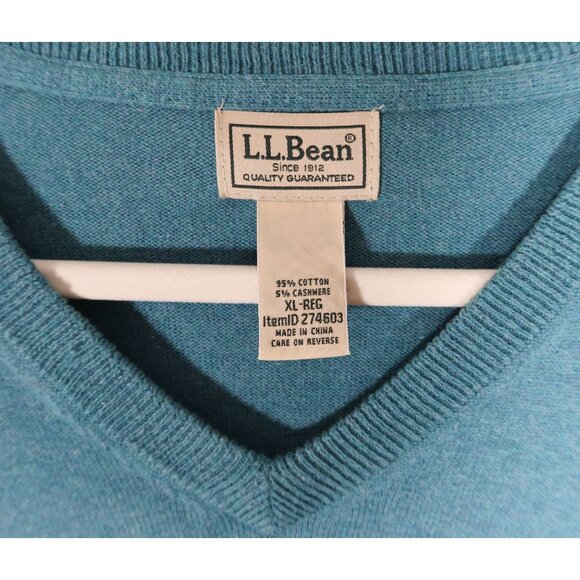 LL BEAN Cotton Cashmere V Neck Pullover Sweater Size XL Reg Blue/Green Long Slee - Picture 4 of 5